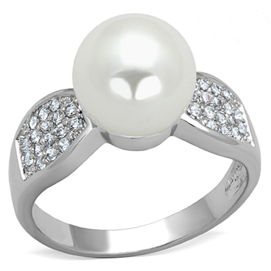3W761 - Rhodium Brass Ring with Synthetic Pearl in White-0