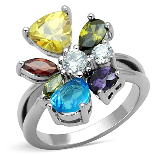 Jaime Cocktail Ring - Rhodium Brass, AAA CZ , Multi Color - 3W789-0