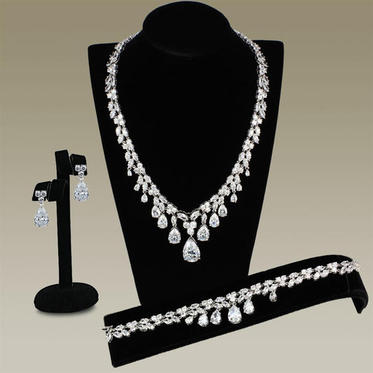 3W925 - Rhodium Brass Jewelry Sets with AAA Grade CZ in Clear-0