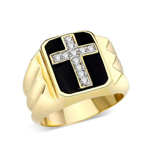 LO5M031-Ion Gold Plated Brass Ring with Clear CZ-0