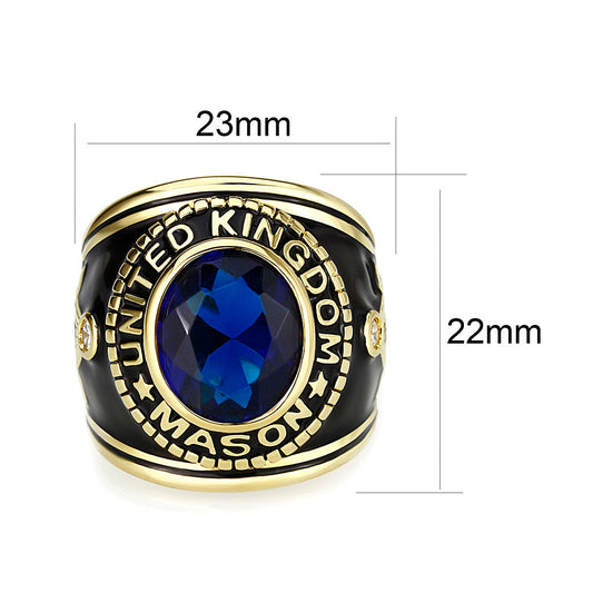 LO5M066 - IP Gold(Ion Plating) Brass Ring with Synthetic Glass In Dark Blue Color-1