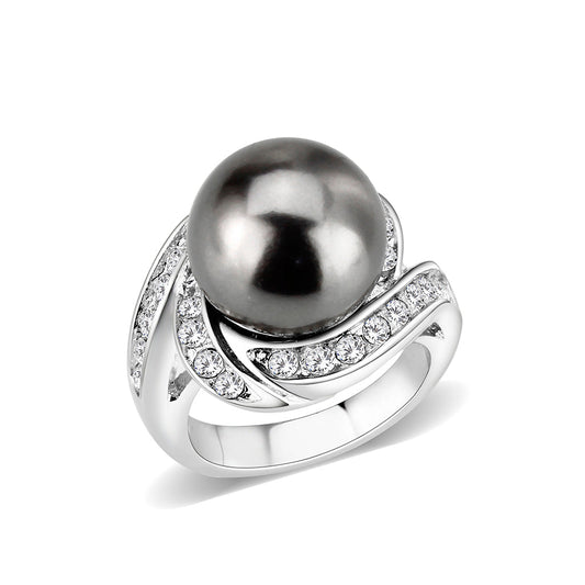 LO5W003 - Rhodium Brass Ring with Pearl In Black-0