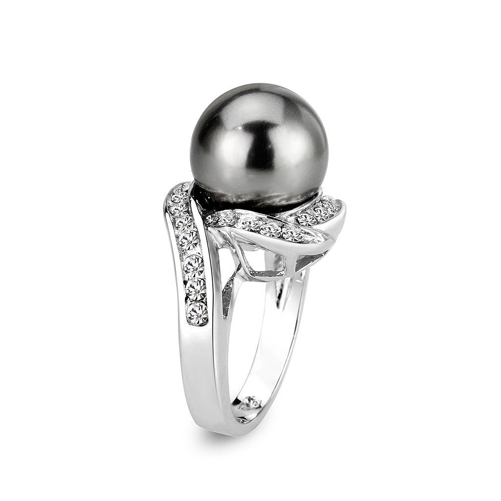 LO5W003 - Rhodium Brass Ring with Pearl In Black-3