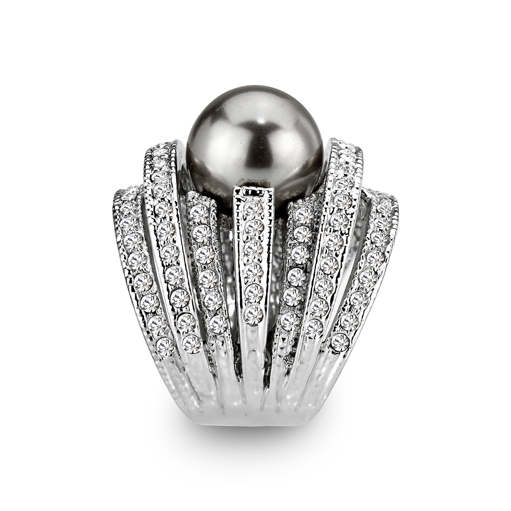 LO5W104- Rhodium Plated Brass Ring with Pearl In Black-3