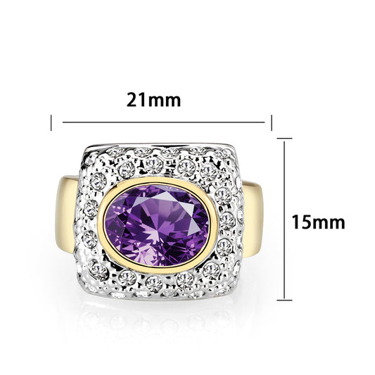 LO5W105- Gold Plated Brass Ring with CZ In Amethyst-1
