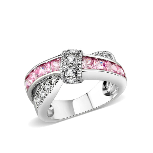 LO5W238- Brass Ring With CZ in Pink Rhodium Plated-0