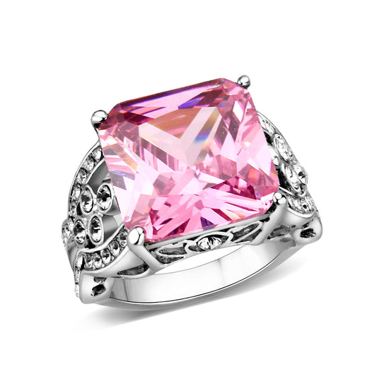 LO5W245- Brass Ring With CZ in Pink Rhodium Plated-0