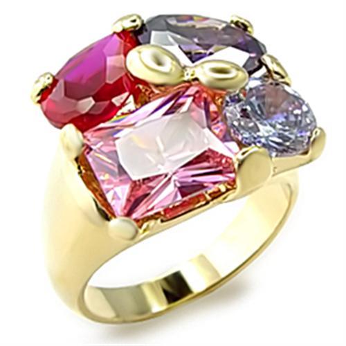 6X013 - Gold Brass Ring with AAA Grade CZ in Multi Color-0