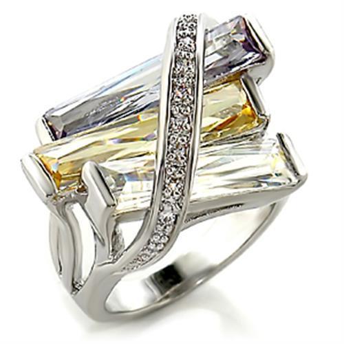 6X016 - Rhodium Brass Ring with AAA Grade CZ in Multi Color-0