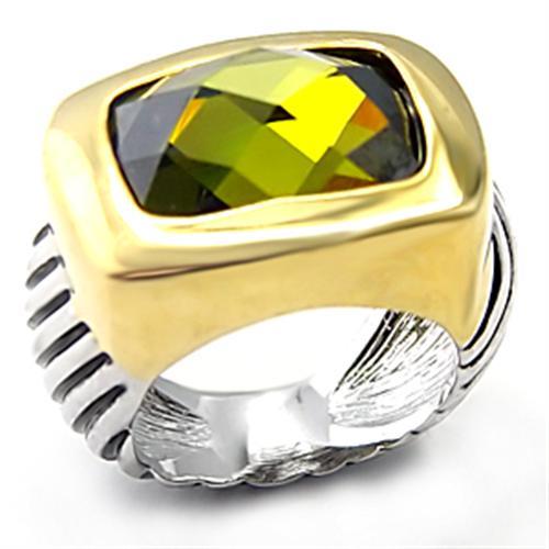 7X127 - Reverse Two-Tone Brass Ring with AAA Grade CZ in Olivine color-0
