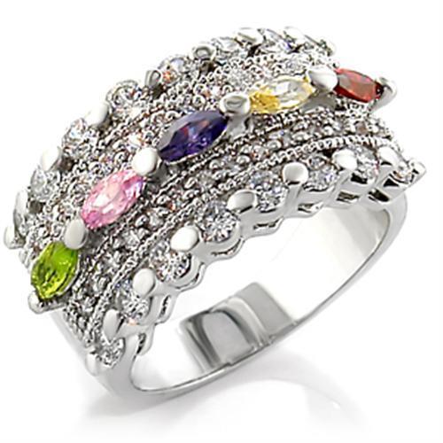 7X129 - Rhodium Brass Ring with AAA Grade CZ in Multi Color-0
