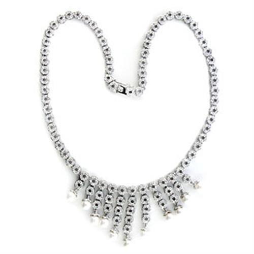 7X407 - Rhodium Brass Necklace with Synthetic Pearl in White-0