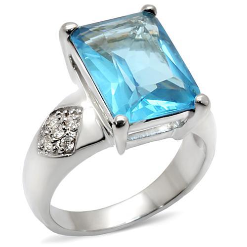 9X012 - Rhodium Brass Ring with Synthetic Synthetic Glass in Sea Blue-0