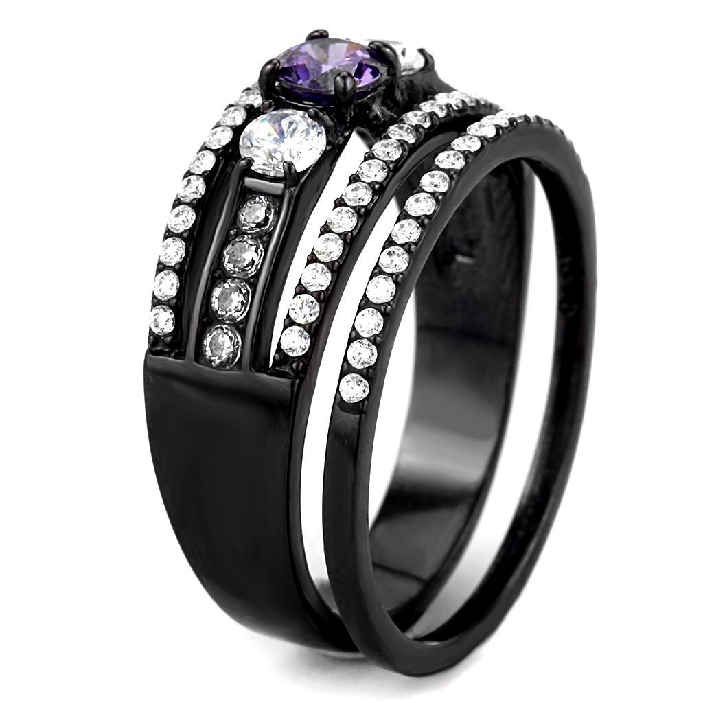 DA001 - IP Black(Ion Plating) Stainless Steel Ring with AAA Grade CZ in Amethyst-3