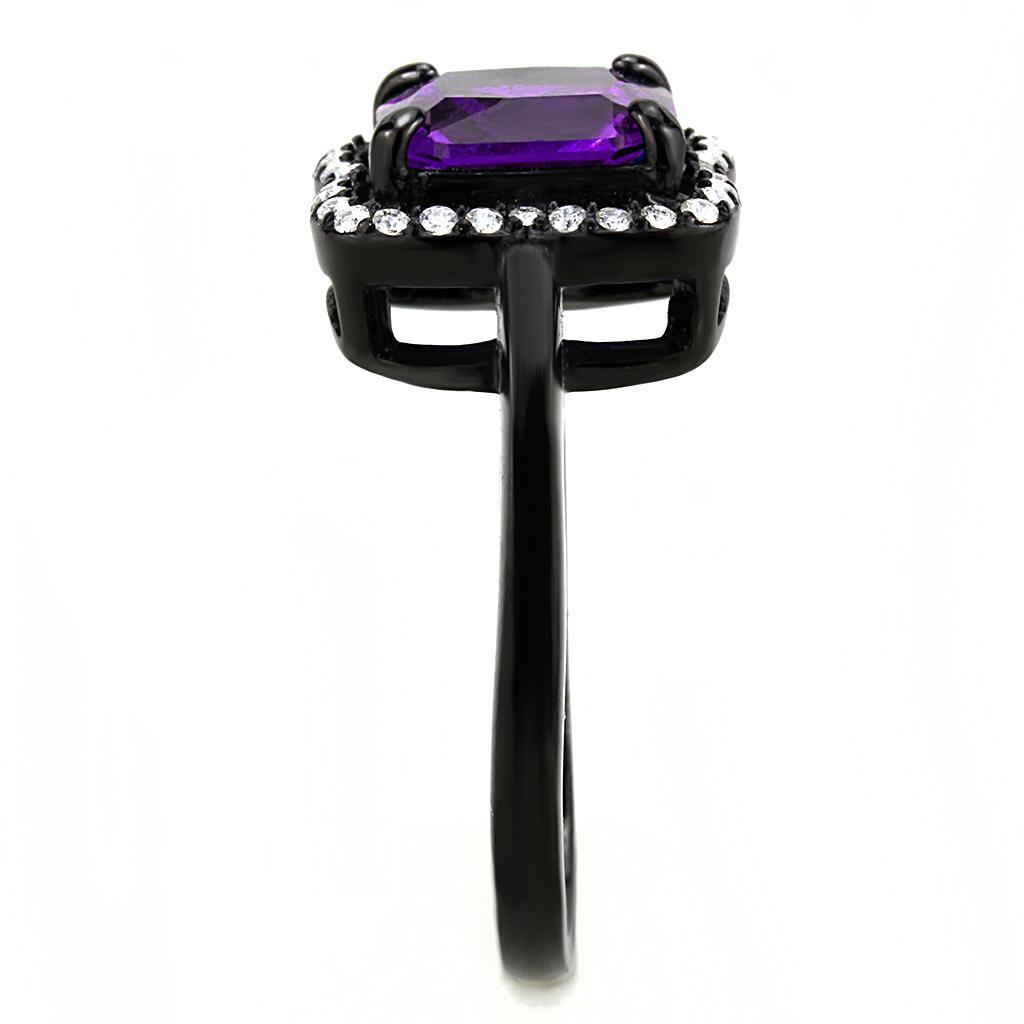 DA028 - IP Black(Ion Plating) Stainless Steel Ring with AAA Grade CZ in Amethyst-3