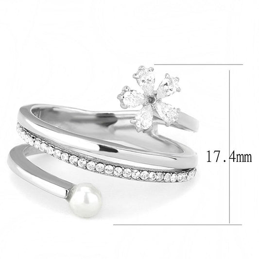 DA059 - High polished (no plating) Stainless Steel Ring with Synthetic Pearl in White-1