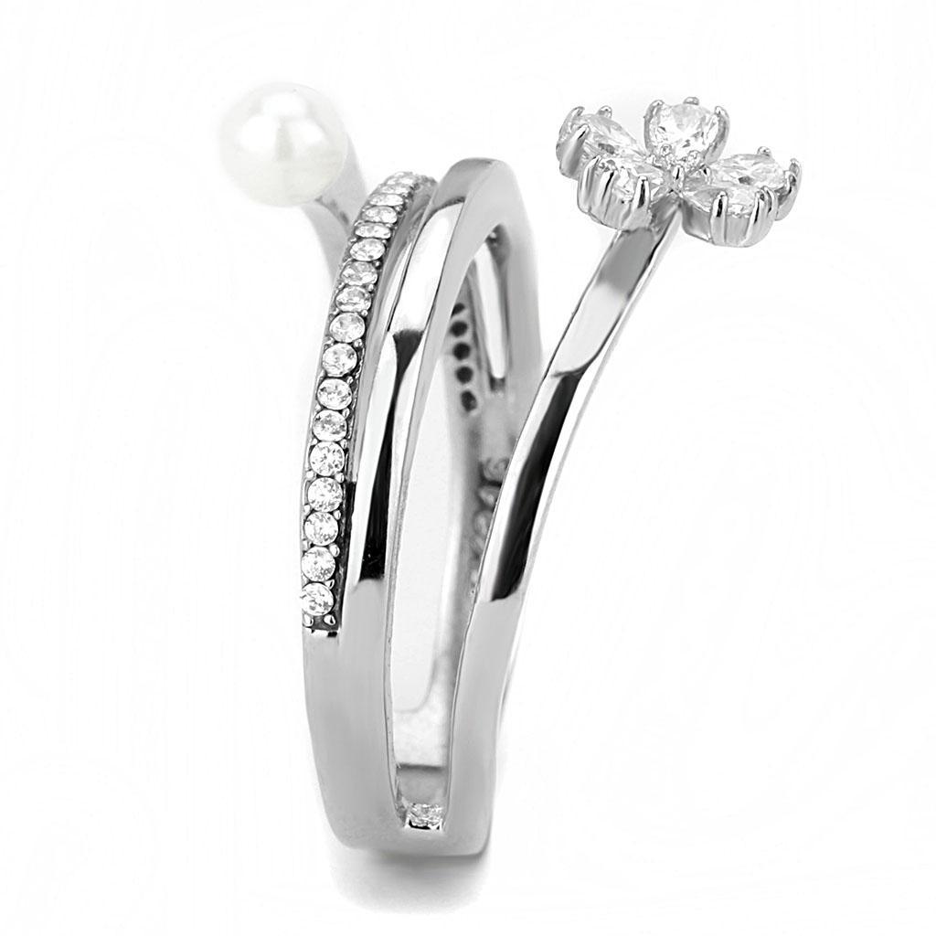 DA059 - High polished (no plating) Stainless Steel Ring with Synthetic Pearl in White-3