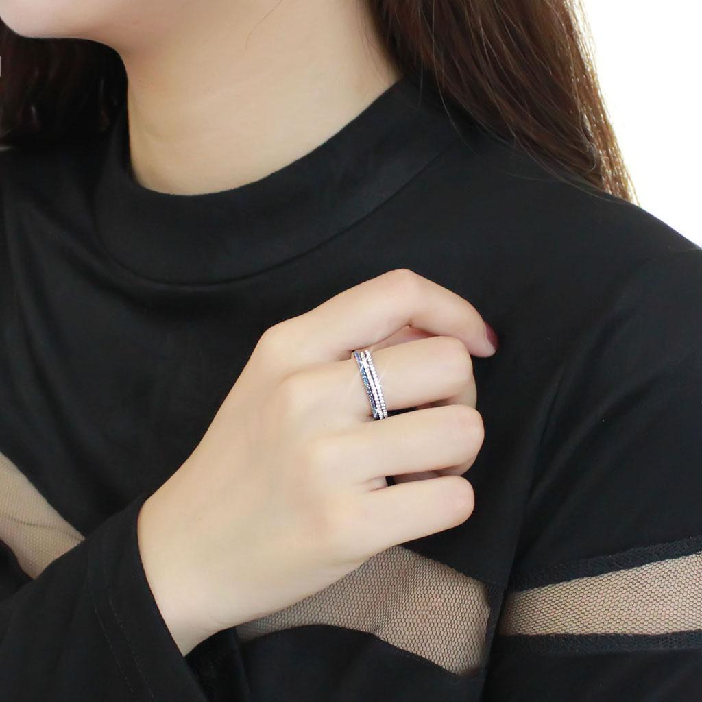 DA066 - High polished (no plating) Stainless Steel Ring with AAA Grade CZ in London Blue-4