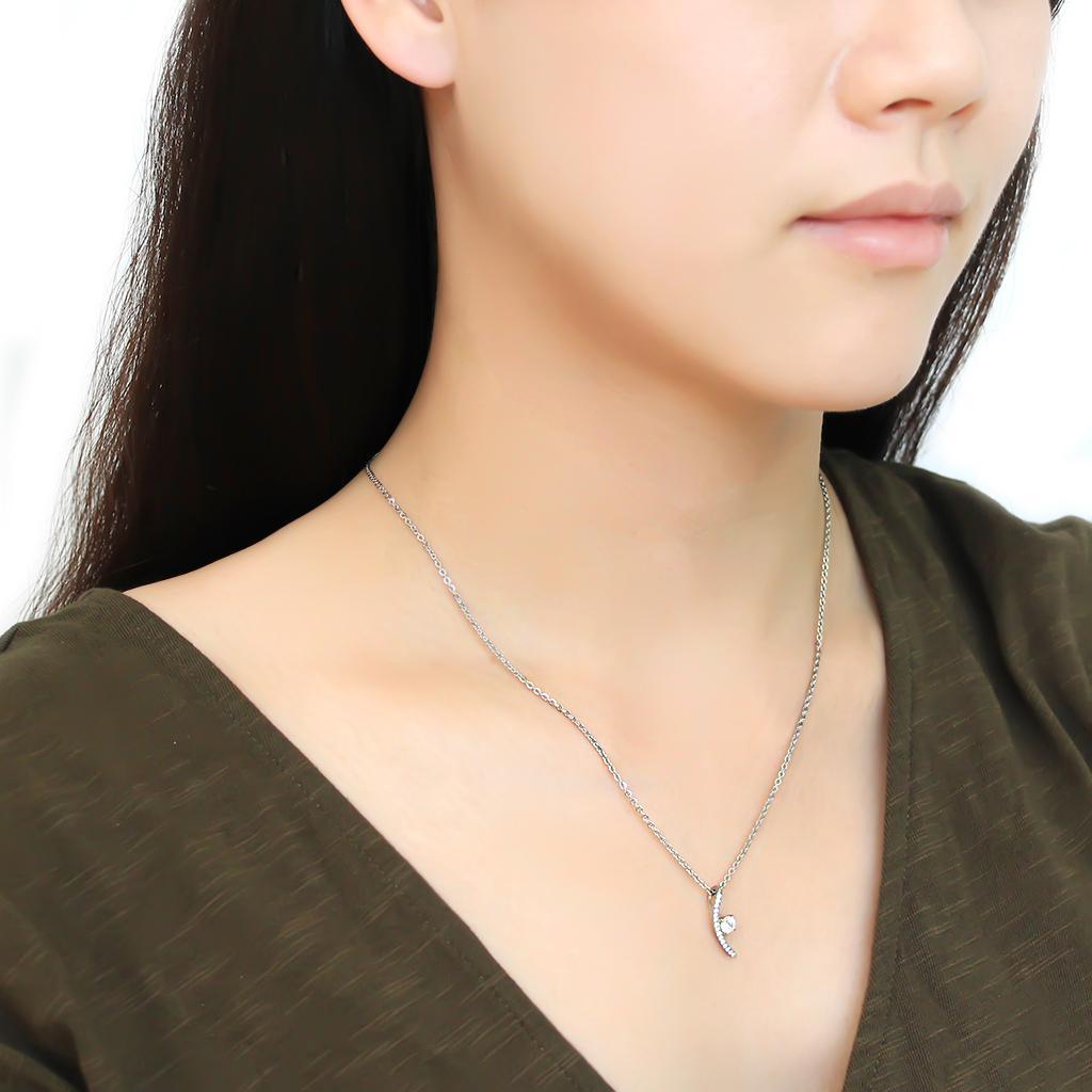 DA092 - High polished (no plating) Stainless Steel Chain Pendant with AAA Grade CZ in Clear-2