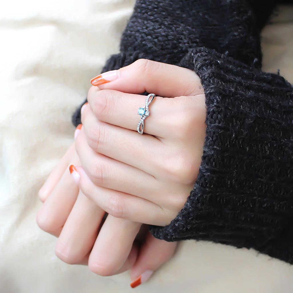 DA120 - High polished (no plating) Stainless Steel Ring with AAA Grade CZ in Sea Blue-4