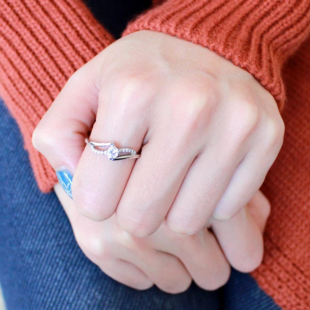 DA144 - High polished (no plating) Stainless Steel Ring with AAA Grade CZ in Clear-4