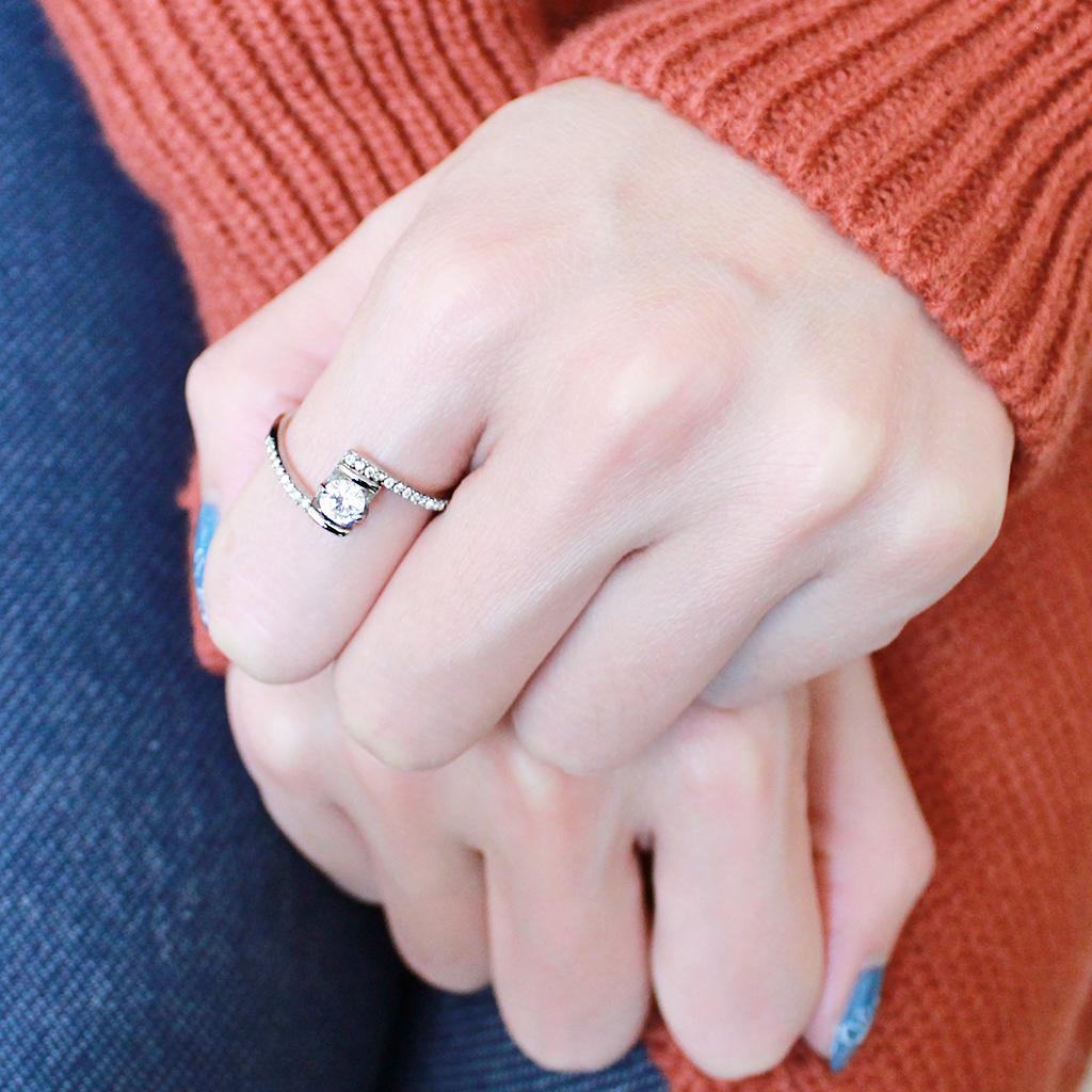 DA151 - High polished (no plating) Stainless Steel Ring with AAA Grade CZ in Clear-4