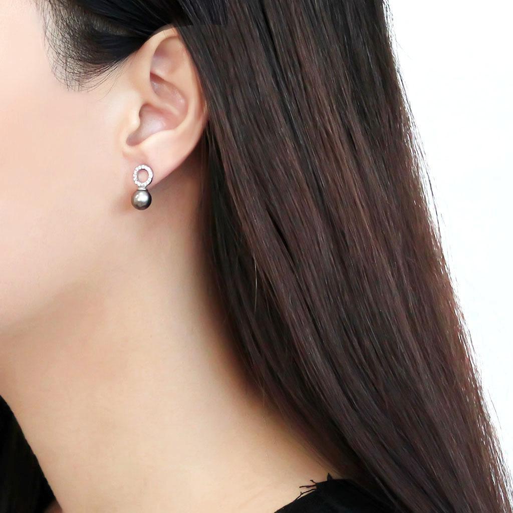 DA221 - High polished (no plating) Stainless Steel Earrings with Synthetic Pearl in Gray-2