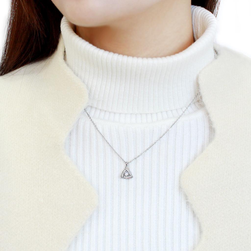 DA301 - High polished (no plating) Stainless Steel Chain Pendant with AAA Grade CZ in Clear-2