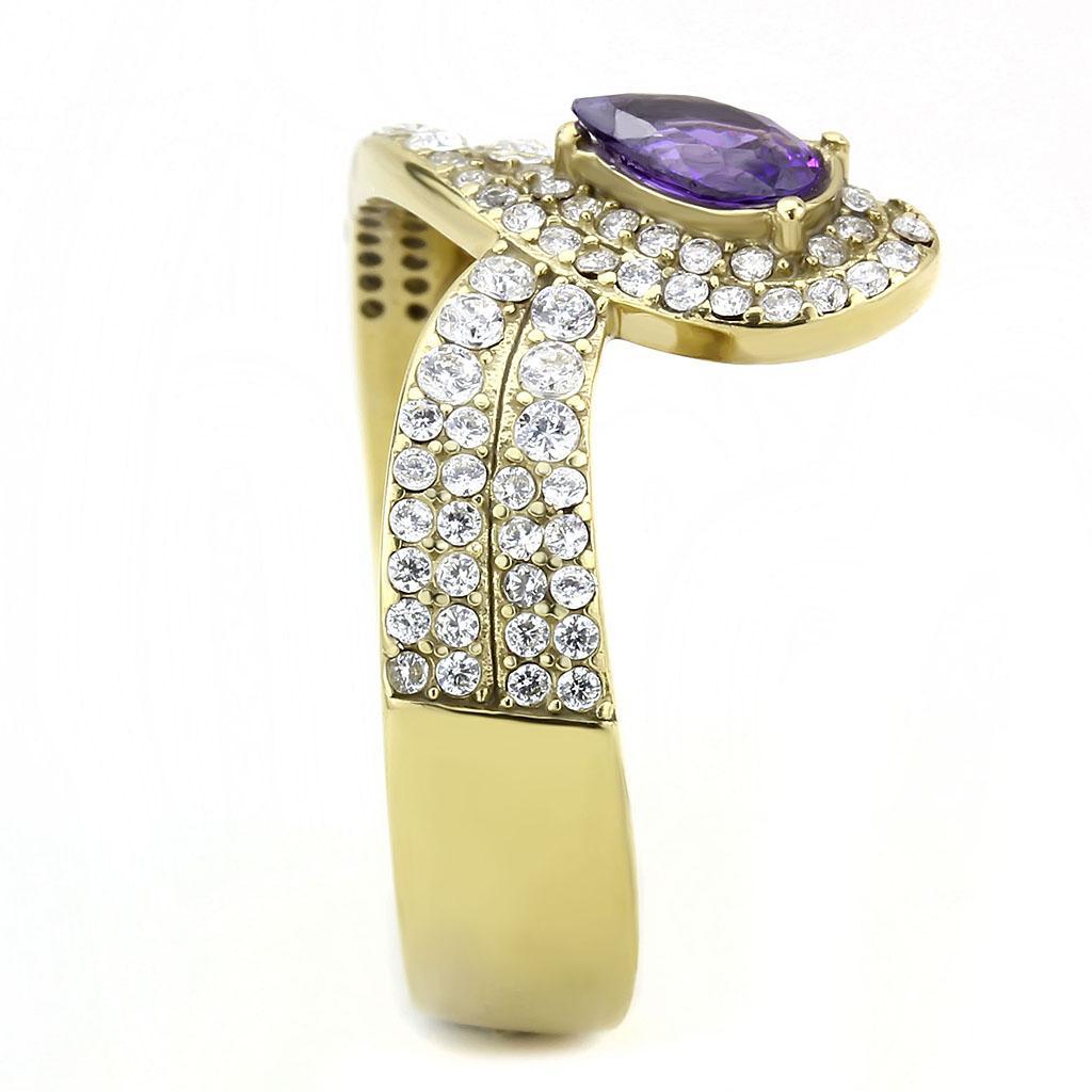 DA304 - IP Gold(Ion Plating) Stainless Steel Ring with AAA Grade CZ in Tanzanite-4