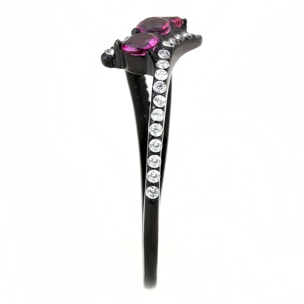 DA324 - IP Black(Ion Plating) Stainless Steel Ring with AAA Grade CZ in Fuchsia-4