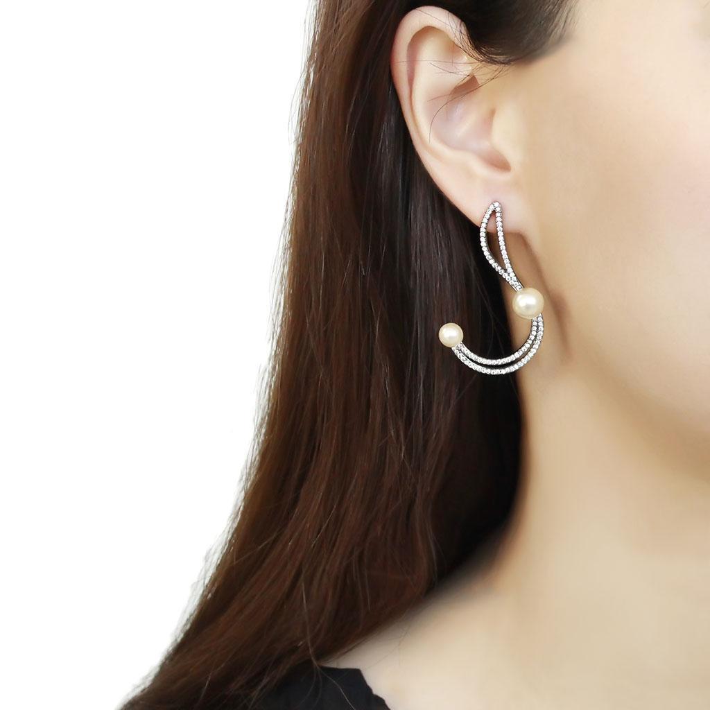 DA375 - High polished (no plating) Stainless Steel Earrings with Synthetic Pearl in White-2