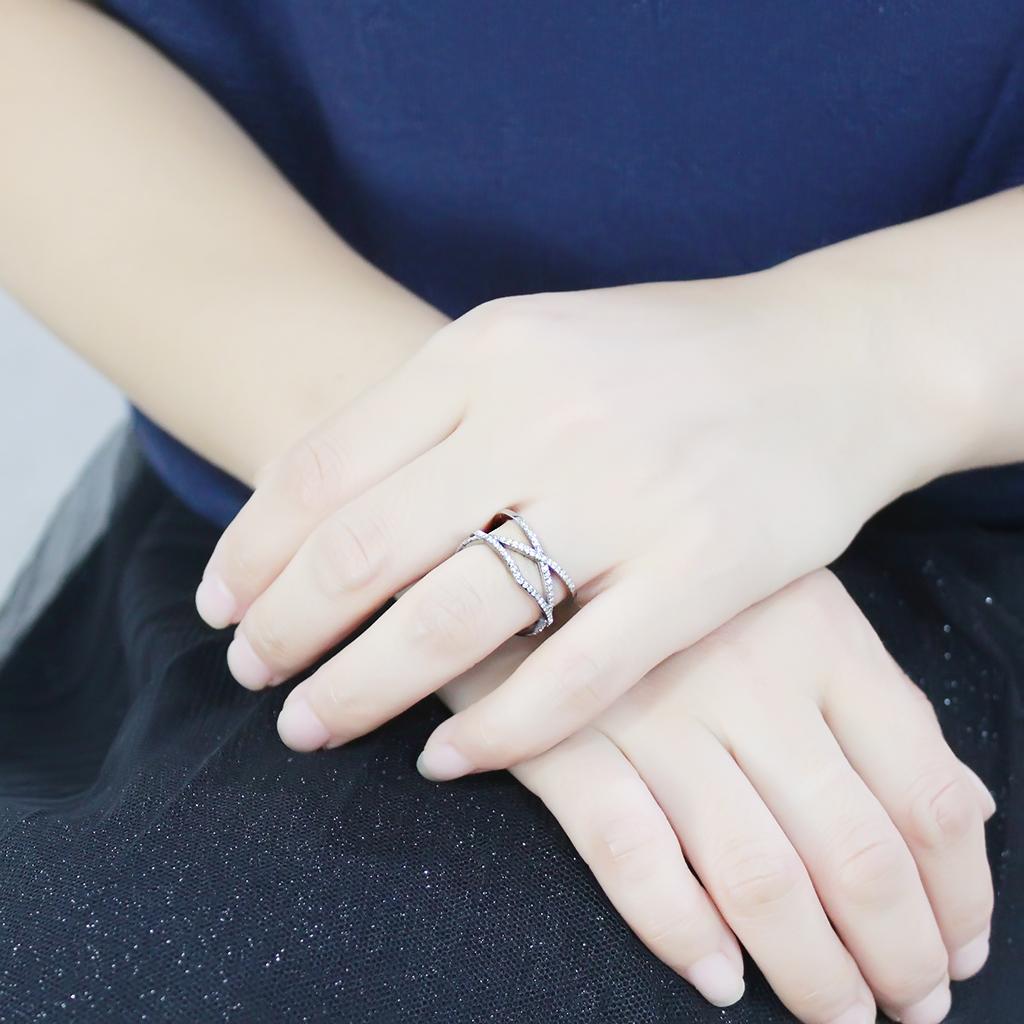 DA381 - High polished (no plating) Stainless Steel Ring with AAA Grade CZ in Clear-4