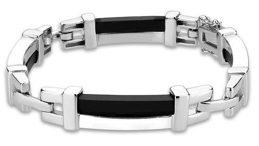 LOS331 - Rhodium Sterling Silver Bracelet with Leather in Jet-0