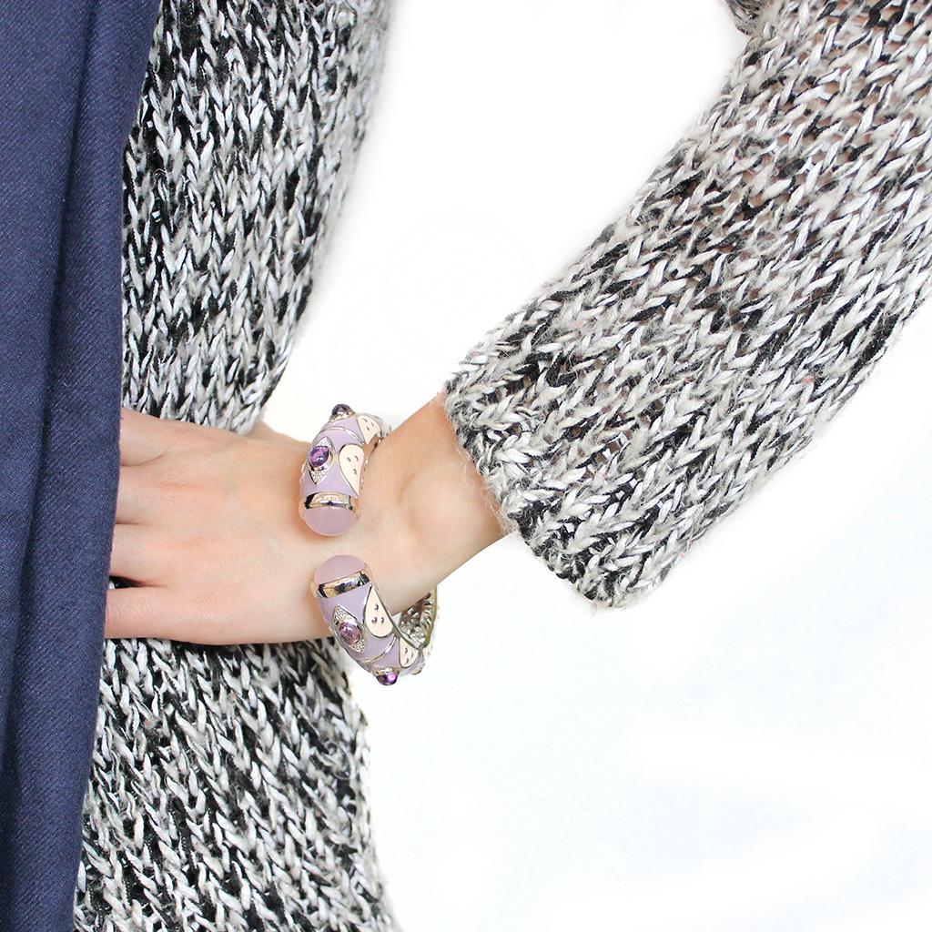 LO4268 - Rhodium Brass Bangle with Synthetic in Rose-4