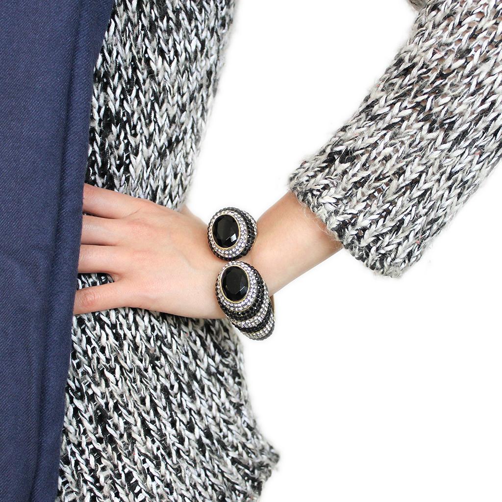 LO4274 - Gold Brass Bangle with Synthetic in Jet-4