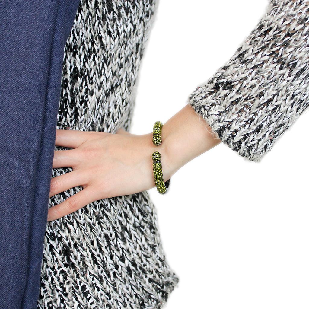 LO4284 - TIN Cobalt Black Brass Bangle with Top Grade Crystal in Olivine color-4