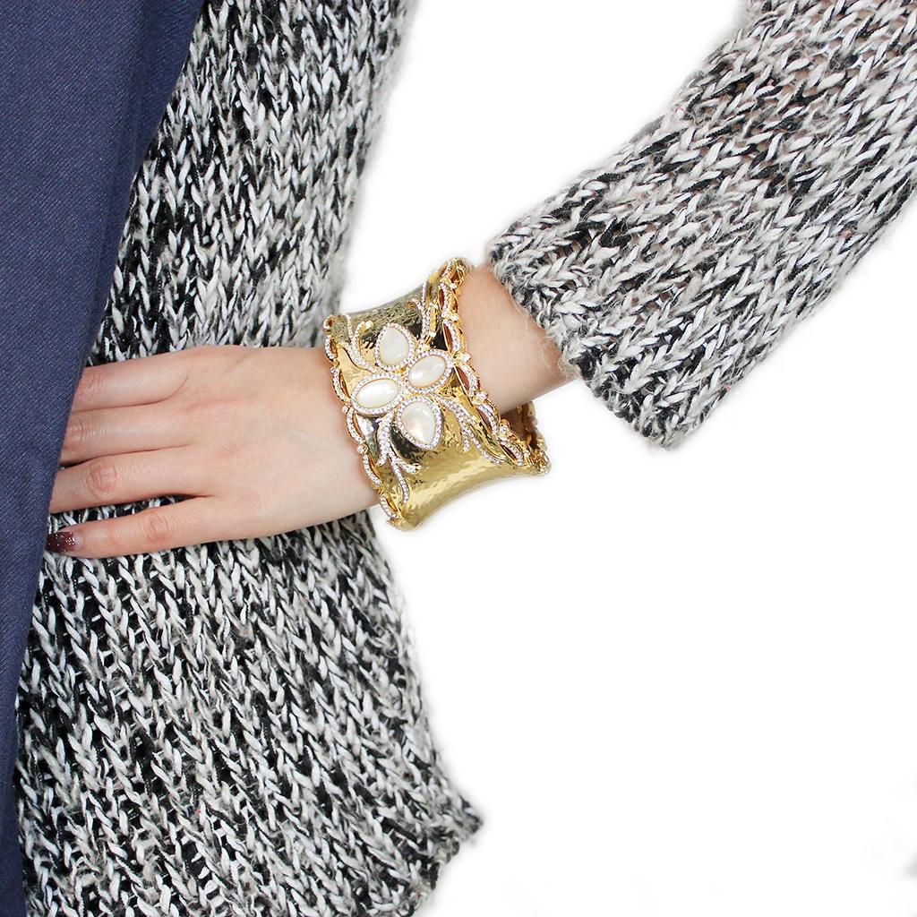 LO4285 - Gold Brass Bangle with Synthetic in White-4