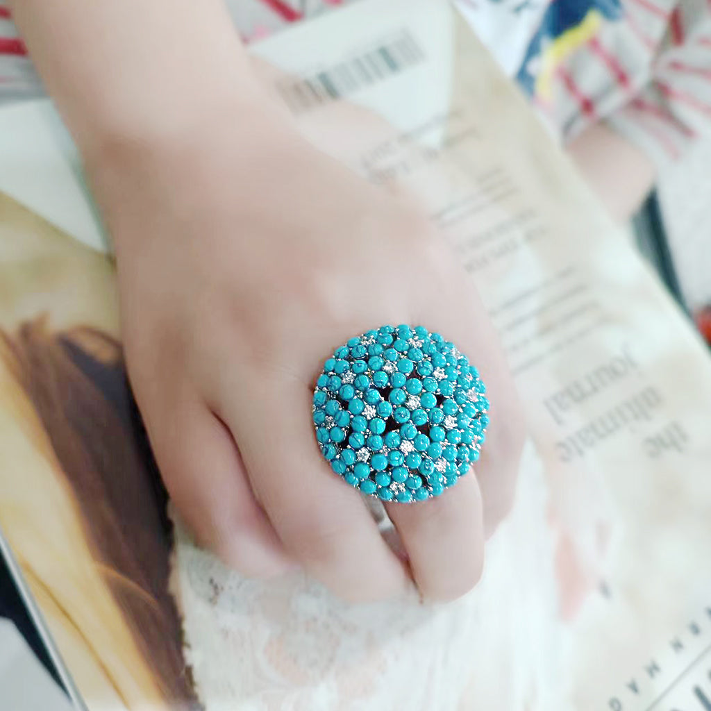 LO4750 - Rhodium Brass Ring with Top Grade Crystal in SeaBlue-4