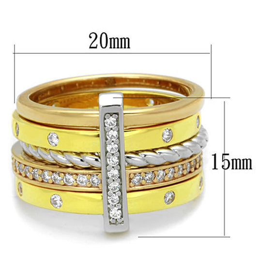 LOS810 - Rhodium + Gold + Rose Gold 925 Sterling Silver Ring with AAA Grade CZ in Clear-1