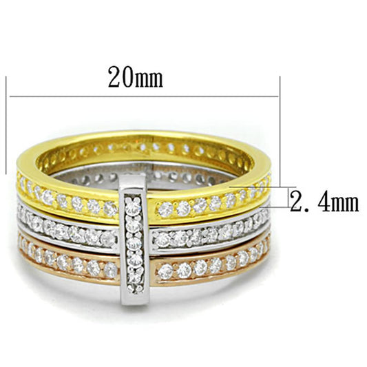 LOS811 - Rhodium + Gold + Rose Gold 925 Sterling Silver Ring with AAA Grade CZ in Clear-1