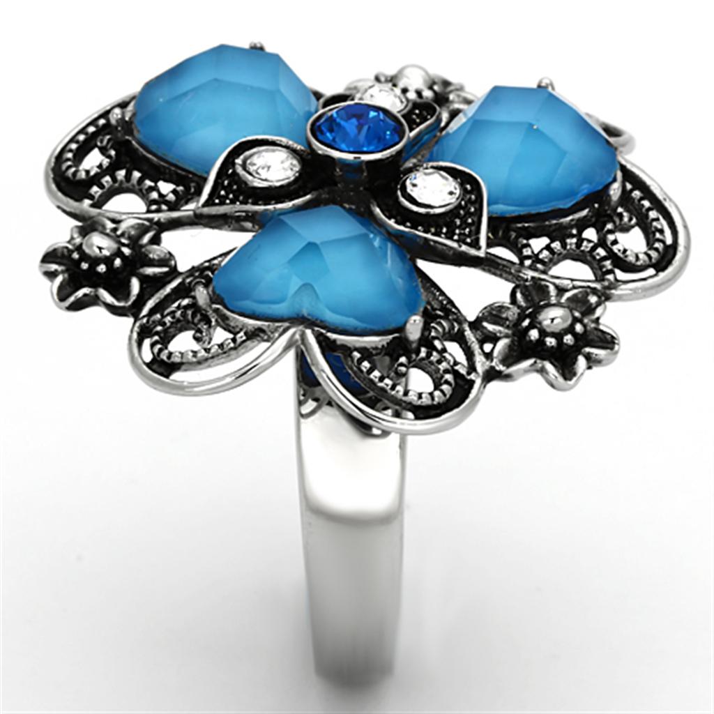 TK1149 - High polished (no plating) Stainless Steel Ring with Synthetic Synthetic Stone in Sea Blue-3