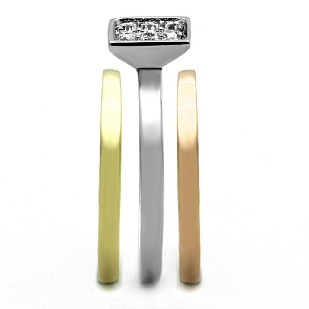 TK1277 - Three Tone (IP Gold & IP Rose Gold & High Polished) Stainless Steel Ring with Top Grade Crystal in Clear-3