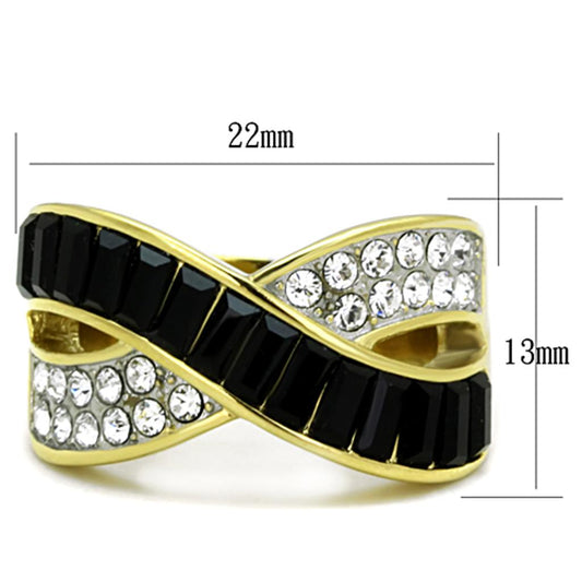 TK1577 - Two-Tone IP Gold (Ion Plating) Stainless Steel Ring with Top Grade Crystal in Jet-1