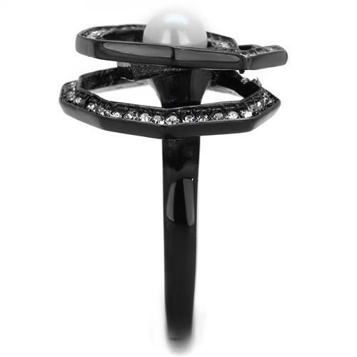 TK1861 - IP Black(Ion Plating) Stainless Steel Ring with Synthetic Pearl in White-3