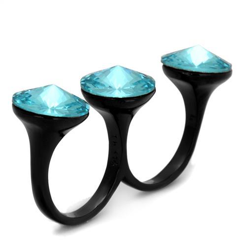 TK2103 - IP Black(Ion Plating) Stainless Steel Ring with Top Grade Crystal in Sea Blue-3