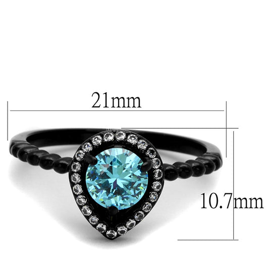 TK2364 - IP Black(Ion Plating) Stainless Steel Ring with AAA Grade CZ in Sea Blue-1