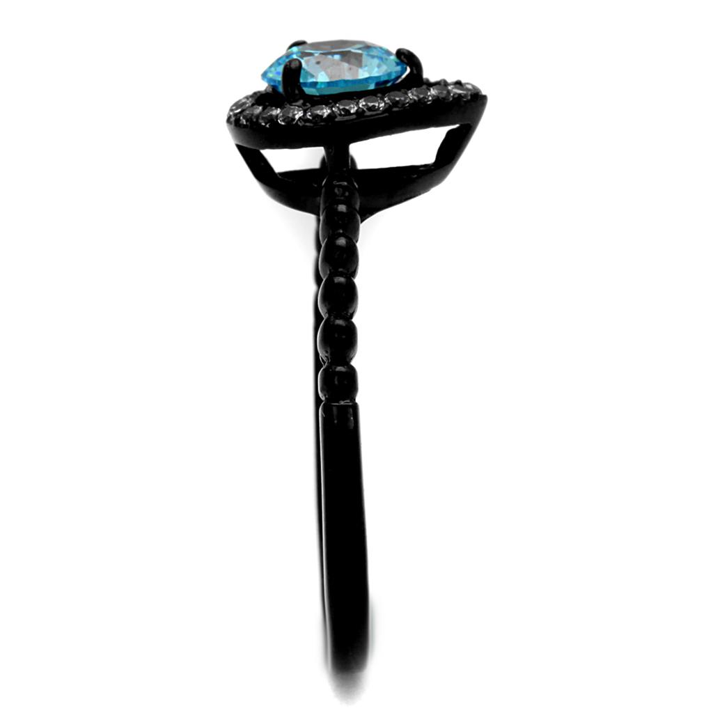 TK2364 - IP Black(Ion Plating) Stainless Steel Ring with AAA Grade CZ in Sea Blue-3