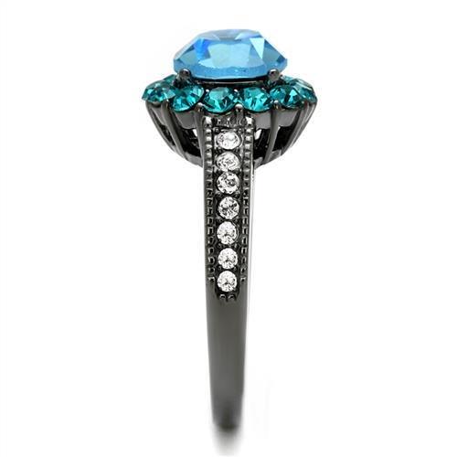 TK2716 - IP Light Black (IP Gun) Stainless Steel Ring with Top Grade Crystal in Sea Blue-3