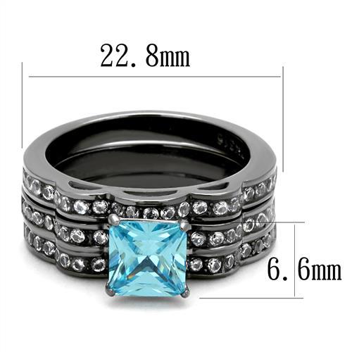 TK2748 - IP Light Black (IP Gun) Stainless Steel Ring with AAA Grade CZ in Sea Blue-1