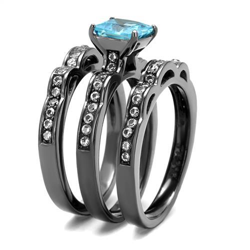 TK2748 - IP Light Black (IP Gun) Stainless Steel Ring with AAA Grade CZ in Sea Blue-3